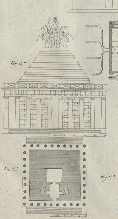 A print showing the elevation and plan of a reconstruction of the Mausoleum. The elevation shows a Doric colonnade, a stepped pyramid and a quadriga. The plan shows a massive ground floor with only a small central chamber and spiral stairs.