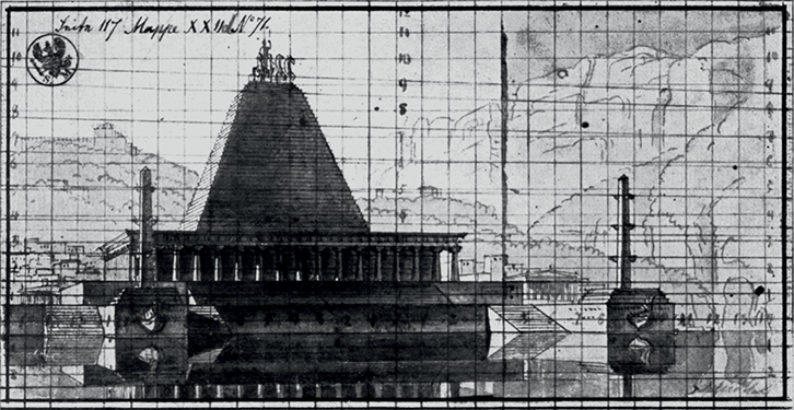 An old drawing with a grid. The drawing shows the Mausoleum with a colonnade, a steep stepped pyramid rising from the middle of the building, and a crowning quadriga. A harbour in the foreground, hills in the background.