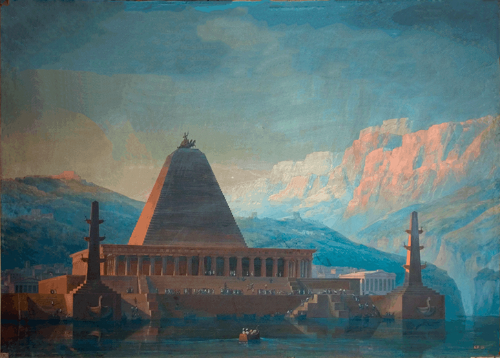A painting showing the Mausoleum with a colonnade, a steep stepped pyramid rising from the middle of the building, and a crowning quadriga. A harbour in the foreground, hills in the background, a city behind the Mausoleum with a temple.