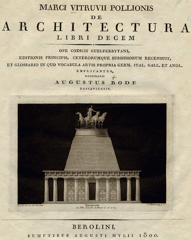 A front page of a book, with a print showing an elevation of the Mausoleum against a dark background. The Mausoleum has a Doric colonnade, a stepped pyramid rising above the centre of the building and crowned by a large quadriga.