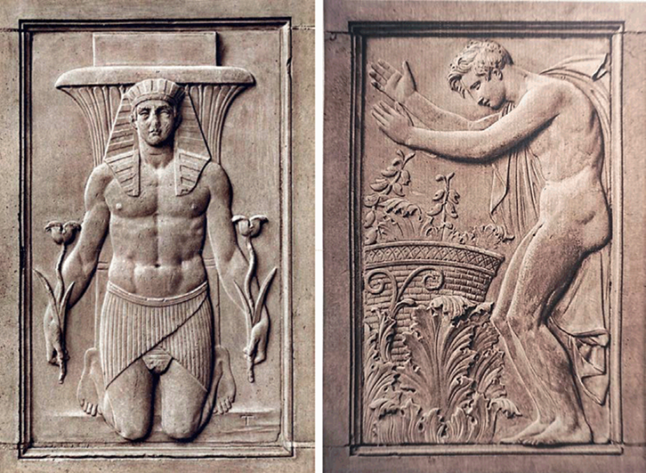 Two terracotta bas-relief panels. One shows a frontal view of a kneeling man with an Egyptian headdress and lotus capital. The other is a lateral view of a man in movement, examining a basket intertwined with acanthus leaves.