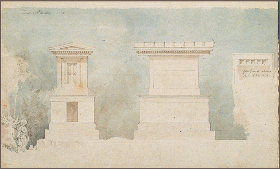 A drawing with a dual-coloured wash, showing frontal and lateral elevations of a tomb on a base, with a large roof.