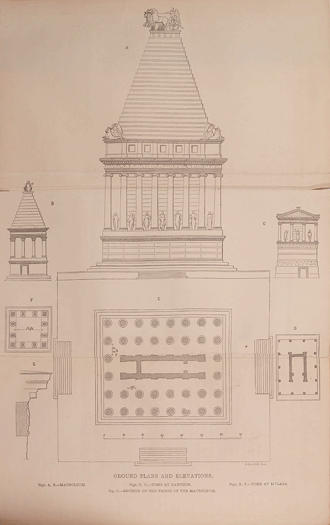 A print from a book, showing the plans and elevations of the Mausoleum, a tomb at Mylasa and the Nereid monument at Xanthus.