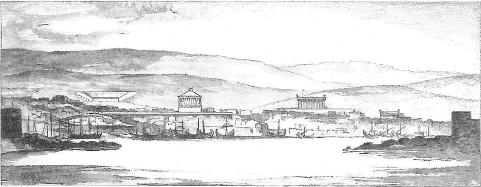 A drawing of an ancient city behind a harbour viewed from the sea, with hills and a theatre behind. Two large, monumental buildings, both colonnaded, are set on terraces overlooking the city. One of them, crowned by a pyramid, is the Mausoleum.