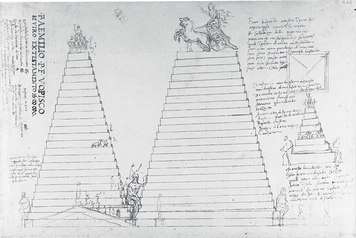 A sheet with drawings and text, showing stepped pyramids crowned with quadrigas, and featuring statues around their bases.