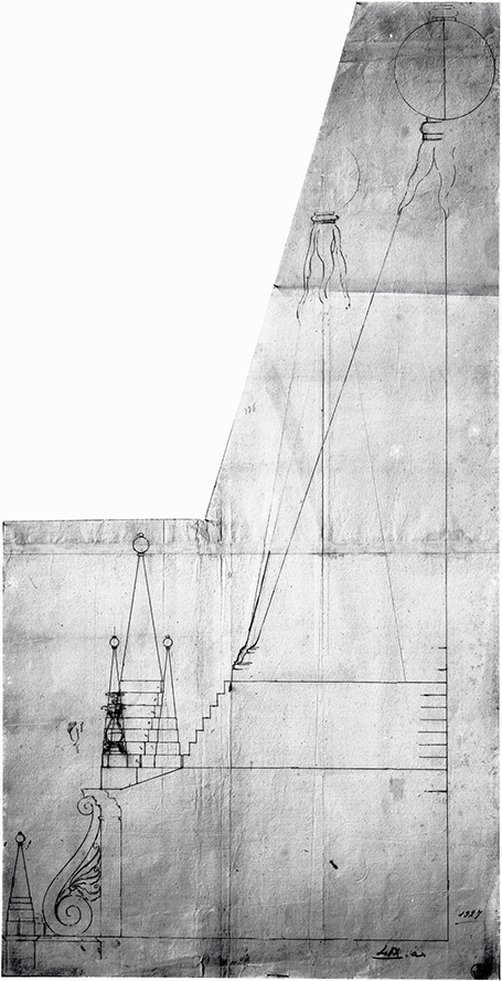 A drawing of the section of a meta, showing a stepped base supporting a cone crowned with a globe. The largest meta is surrounded by several other metae of various sizes on different levels.