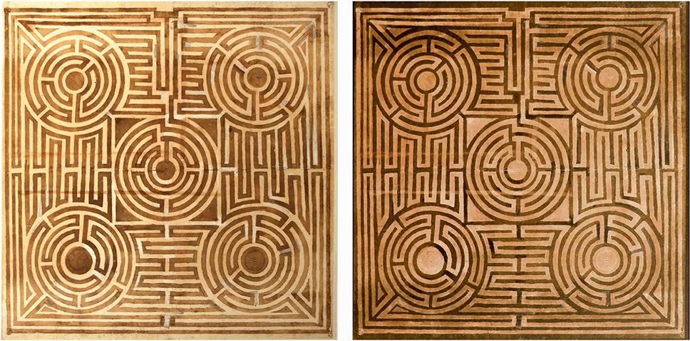 A plan of a labyrinth, organised around five circles disposed as a quincunx. The second image of the plan is the same, but with its colours inverted.