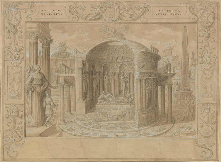 A drawing representing the Mausoleum as a circular building surrounded by a colonnade, with a cut-out to see the Pantheon-like interior, centred around a tomb. Artemisia stands on the left, admiring the monument.
