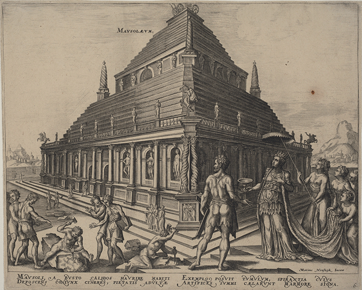 A print showing the Mausoleum with a base lined with columns, supporting a stepped pyramid crowned with a chariot. Solomonic columns at the corners. Artemisia admires the monument from the side, with a cup in her hand.