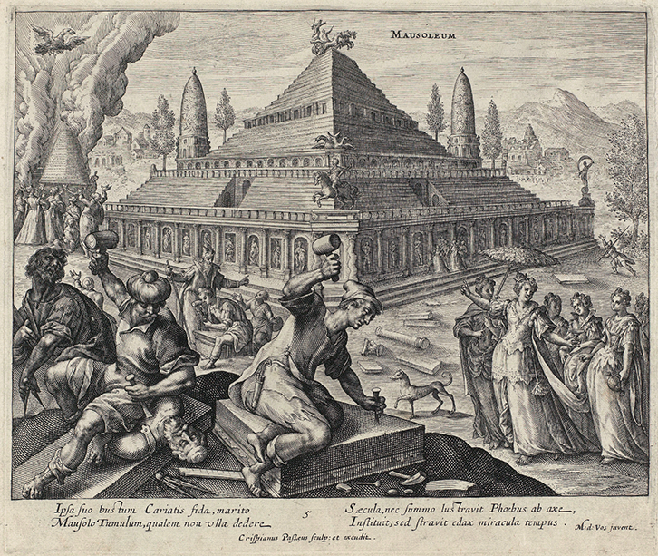 A print showing the Mausoleum with a stepped pyramid divided into three stories, crowned with a quadriga. Stone carvers are at work in the foreground, and Artemisia admires the monument from the side. A funeral pyre burns in the background.