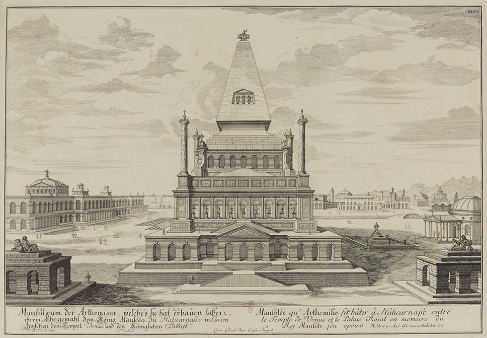 A print showing the Mausoleum in a square beside the sea, with a palace on the left, and a temple and fountain on the right. The Mausoleum comprises several storeys crowned with a quadriga, and surrounded by four freestanding columns.
