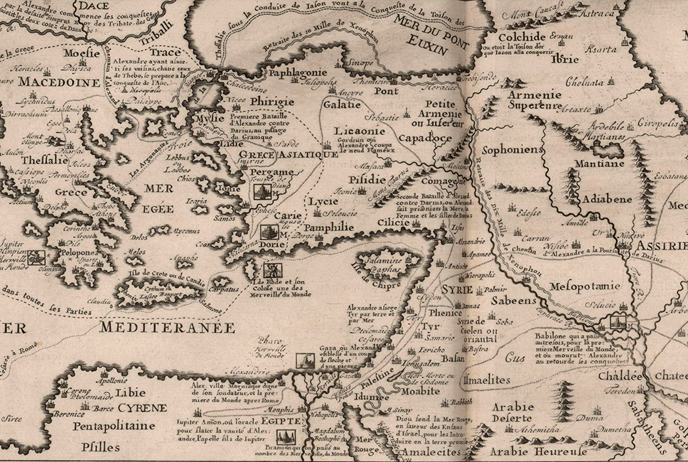 A detail of a map of Alexander the Great’s conquests, showing Greece and the Middle East, and including small representations of the Seven Wonders shown on the map beside the location of the cities in which they stood.
