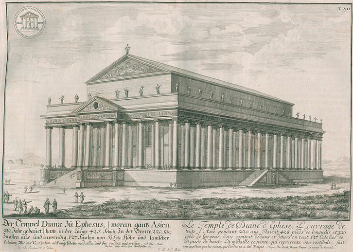 A print showing Fischer von Erlach’s reconstruction of the Temple of Diana at Ephesus. The temple is surrounded by a colonnade, and fronted by a portico narrower than its facade. The core of the building is walled and rises higher than the colonnade.