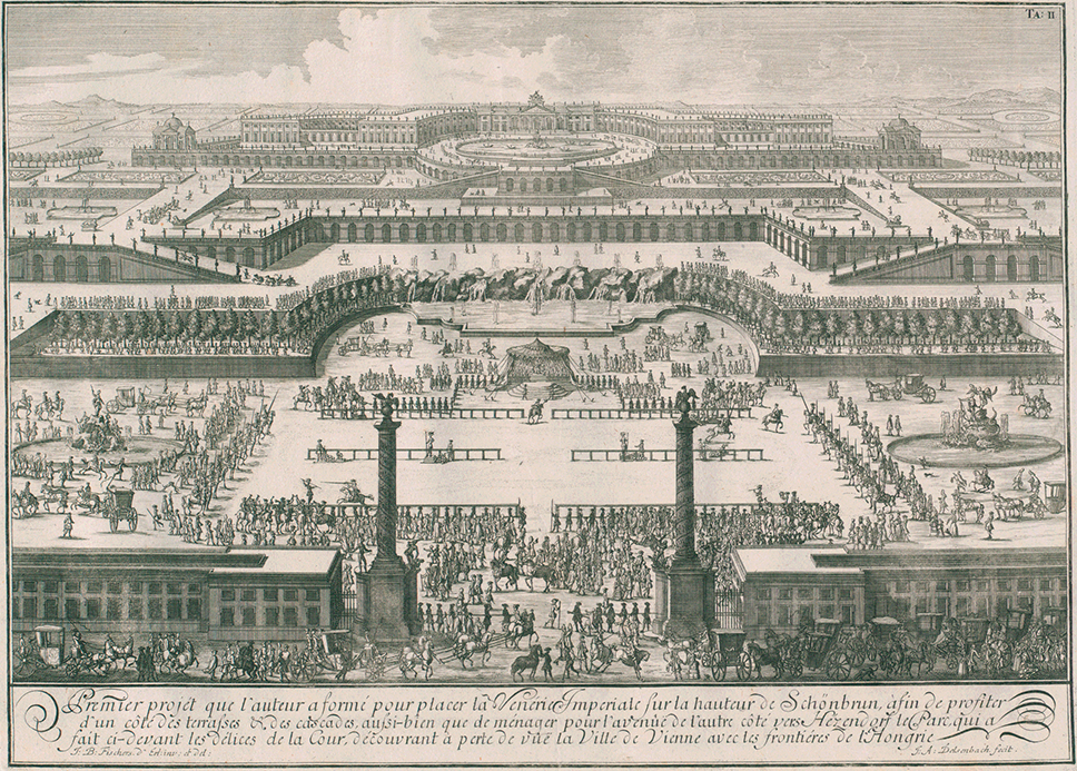 A print showing a project for Schönbrunn Palace at the top of a hill, reached by a series of rising terraces adorned with fountains and parterres.