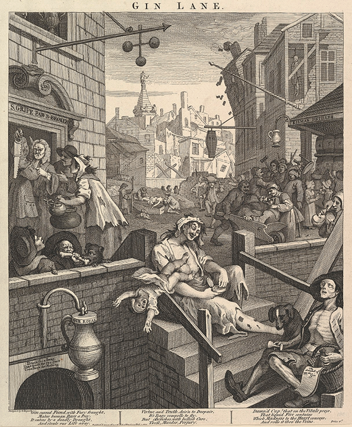 A print showing scenes of disorder in a London street. A drunk woman in the centre takes snuff while her child takes a dangerous fall over a railing. A building collapses in the middle-ground. St George’s Bloomsbury can be seen in the background.