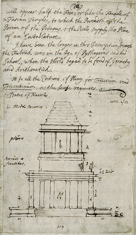 A page with handwriting and a drawing, showing a building comprising two storeys crowned with a pyramid. The architectural orders of the columns and/or pilasters are left undefined.