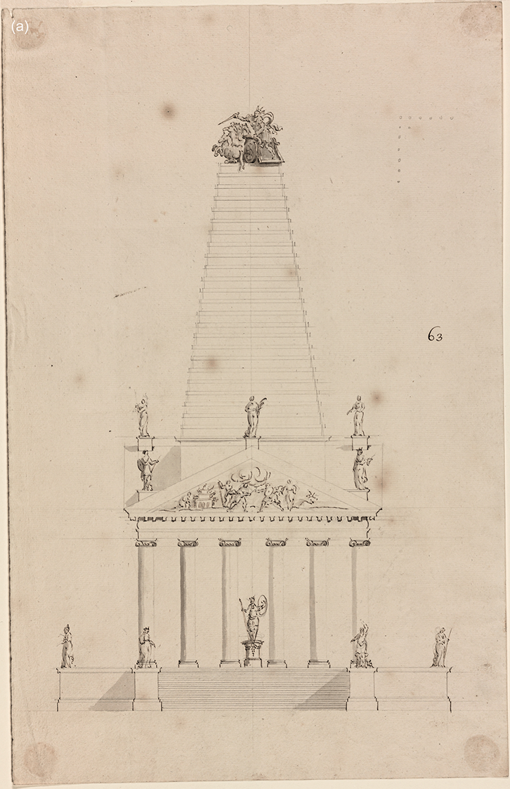 A drawing of a cruciform structure surrounded by a colonnade and porticoes. A tall stepped pyramid rises in the middle, crowned with a quadriga. The statues are highlighted.