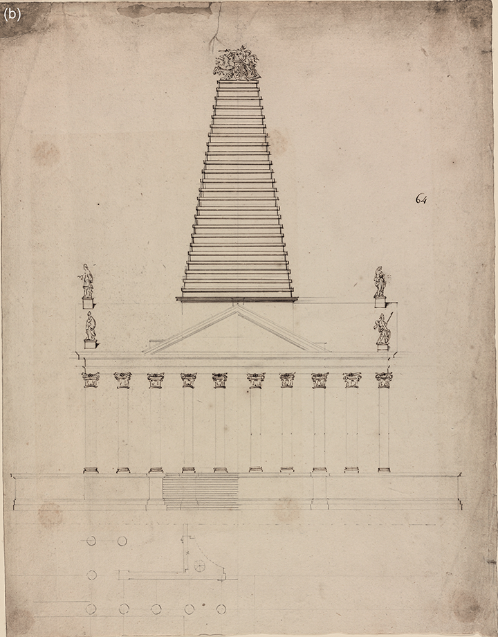 A drawing of a cruciform structure surrounded by a colonnade and porticoes. A tall stepped pyramid rises in the middle, crowned with a quadriga. The statues and the middle pyramid are highlighted.