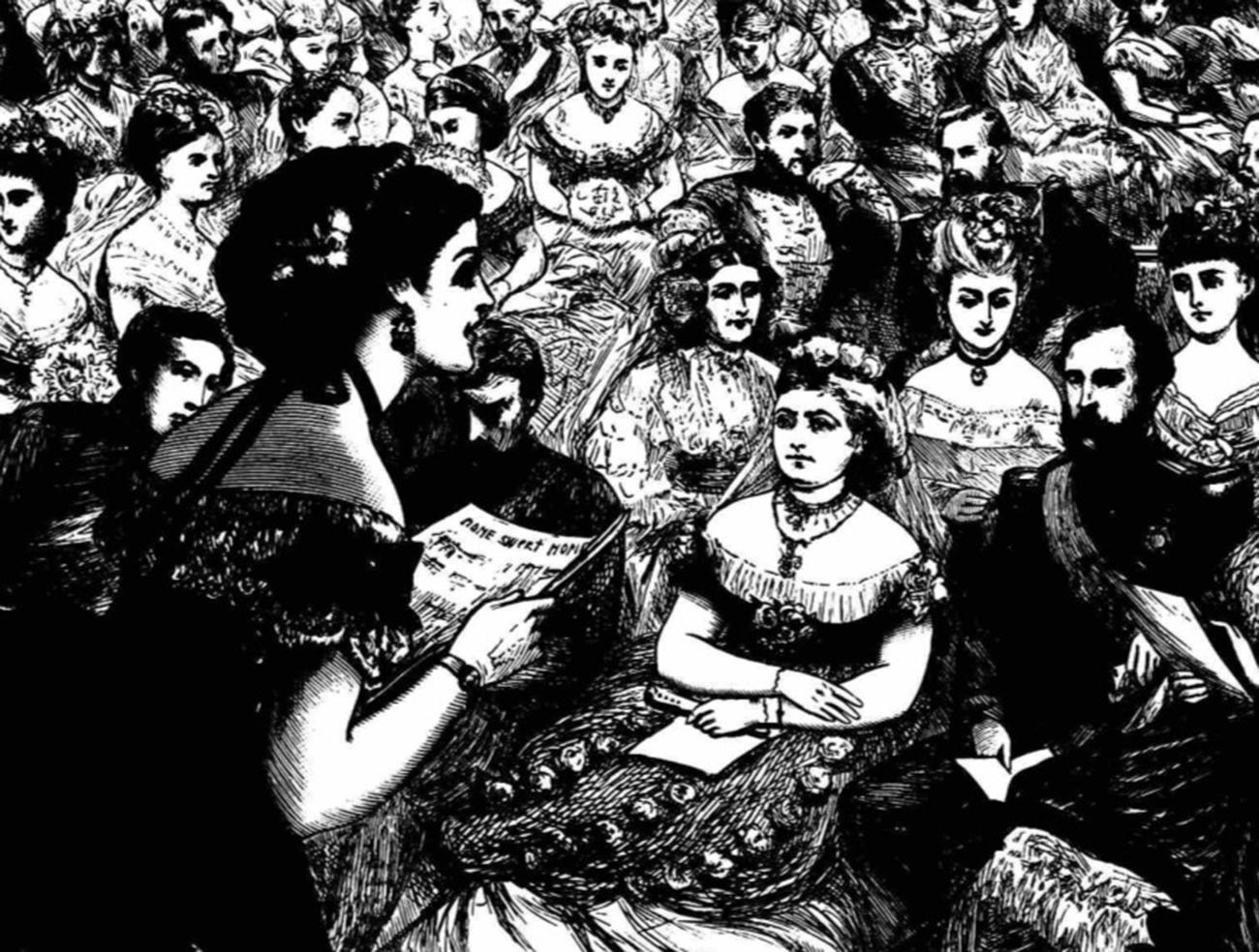An illustration of a seated crowd, with a woman in the left foreground holding a paper.