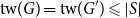 normal t normal w left parenthesis upper G right parenthesis equals normal t normal w left parenthesis upper G Superscript prime Baseline right parenthesis less than or slanted equals StartAbsoluteValue upper S EndAbsoluteValue
