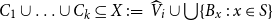 upper C 1 union ellipsis union upper C Subscript k Baseline subset of or equal to upper X colon equals ModifyingAbove upper V With caret Subscript i Baseline union union StartSet upper B Subscript x Baseline colon x element of upper S EndSet