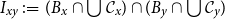 upper I Subscript x y Baseline colon equals left parenthesis upper B Subscript x Baseline intersection union script upper C Subscript x Baseline right parenthesis intersection left parenthesis upper B Subscript y Baseline intersection union script upper C Subscript y Baseline right parenthesis