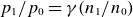 p 1 divided by p 0 equals gamma left parenthesis n 1 divided by n 0 right parenthesis