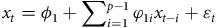 x Subscript t Baseline equals phi 1 plus sigma summation Underscript i equals 1 Overscript p minus 1 Endscripts phi Subscript 1 i Baseline x Subscript t minus i Baseline plus epsilon Subscript t