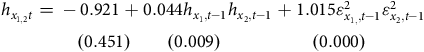 StartLayout 1st Row 1st Column h Subscript x Sub Subscript 1 comma 2 Subscript t Baseline equals 2nd Column negative 0.921 plus 0.044 h Subscript x 1 comma t minus 1 Baseline h Subscript x 2 comma t minus 1 plus 1.015 epsilon Subscript x Sub Subscript 1 comma Subscript comma t minus 1 Superscript 2 Baseline epsilon Subscript x 2 comma t minus 1 Superscript 2 2nd Row 1st Column Blank 2nd Column left parenthesis 0.451 right parenthesis left parenthesis 0.009 right parenthesis left parenthesis 0.000 right parenthesis EndLayout