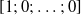 left bracket 1 semicolon 0 semicolon ellipsis semicolon 0 right bracket
