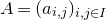 upper A equals left parenthesis a Subscript i comma j Baseline right parenthesis Subscript i comma j element of upper I