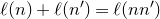 script l left parenthesis n right parenthesis plus script l left parenthesis n Superscript prime Baseline right parenthesis equals script l left parenthesis n n Superscript prime Baseline right parenthesis