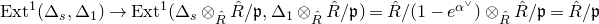 upper E x t Superscript 1 Baseline left parenthesis normal upper Delta Subscript s Baseline comma normal upper Delta 1 right parenthesis right arrow upper E x t Superscript 1 Baseline left parenthesis normal upper Delta Subscript s Baseline circled times Subscript ModifyingAbove upper R With caret Baseline ModifyingAbove upper R With caret divided by German p comma normal upper Delta 1 circled times Subscript ModifyingAbove upper R With caret Baseline ModifyingAbove upper R With caret divided by German p right parenthesis equals ModifyingAbove upper R With caret divided by left parenthesis 1 minus e Superscript alpha Super Superscript or Superscript Baseline right parenthesis circled times Subscript ModifyingAbove upper R With caret Baseline ModifyingAbove upper R With caret divided by German p equals ModifyingAbove upper R With caret divided by German p