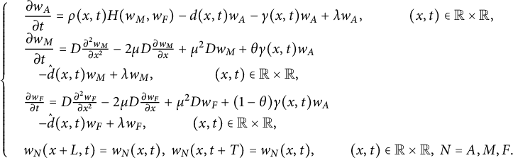 StartLayout 1st Row StartLayout Enlarged left brace 1st Row 1st Column Blank 2nd Column StartFraction partial differential w Subscript upper A Baseline Over partial differential t EndFraction equals rho left parenthesis x comma t right parenthesis upper H left parenthesis w Subscript upper M Baseline comma w Subscript upper F Baseline right parenthesis minus d left parenthesis x comma t right parenthesis w Subscript upper A Baseline minus gamma left parenthesis x comma t right parenthesis w Subscript upper A Baseline plus lamda w Subscript upper A Baseline comma left parenthesis x comma t right parenthesis element of double struck upper R times double struck upper R comma 2nd Row 1st Column Blank 2nd Column StartFraction partial differential w Subscript upper M Baseline Over partial differential t EndFraction equals upper D StartFraction partial differential squared w Subscript upper M Baseline Over partial differential x squared EndFraction minus 2 mu upper D StartFraction partial differential w Subscript upper M Baseline Over partial differential x EndFraction plus mu squared upper D w Subscript upper M Baseline plus theta gamma left parenthesis x comma t right parenthesis w Subscript upper A Baseline 3rd Row 1st Column Blank 2nd Column minus ModifyingAbove d With caret left parenthesis x comma t right parenthesis w Subscript upper M Baseline plus lamda w Subscript upper M Baseline comma left parenthesis x comma t right parenthesis element of double struck upper R times double struck upper R comma 4th Row 1st Column Blank 2nd Column StartFraction partial differential w Subscript upper F Baseline Over partial differential t EndFraction equals upper D StartFraction partial differential squared w Subscript upper F Baseline Over partial differential x squared EndFraction minus 2 mu upper D StartFraction partial differential w Subscript upper F Baseline Over partial differential x EndFraction plus mu squared upper D w Subscript upper F Baseline plus left parenthesis 1 minus theta right parenthesis gamma left parenthesis x comma t right parenthesis w Subscript upper A Baseline 5th Row 1st Column Blank 2nd Column minus ModifyingAbove d With caret left parenthesis x comma t right parenthesis w Subscript upper F Baseline plus lamda w Subscript upper F Baseline comma left parenthesis x comma t right parenthesis element of double struck upper R times double struck upper R comma 6th Row 1st Column Blank 2nd Column w Subscript upper N Baseline left parenthesis x plus upper L comma t right parenthesis equals w Subscript upper N Baseline left parenthesis x comma t right parenthesis comma w Subscript upper N Baseline left parenthesis x comma t plus upper T right parenthesis equals w Subscript upper N Baseline left parenthesis x comma t right parenthesis comma left parenthesis x comma t right parenthesis element of double struck upper R times double struck upper R comma upper N equals upper A comma upper M comma upper F period EndLayout EndLayout