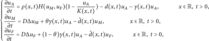 StartLayout 1st Row StartLayout Enlarged left brace 1st Row StartFraction partial differential u Subscript upper A Baseline Over partial differential t EndFraction equals rho left parenthesis x comma t right parenthesis upper H left parenthesis u Subscript upper M Baseline comma u Subscript upper F Baseline right parenthesis left parenthesis 1 minus StartFraction u Subscript upper A Baseline Over upper K left parenthesis x comma t right parenthesis EndFraction right parenthesis minus d left parenthesis x comma t right parenthesis u Subscript upper A Baseline minus gamma left parenthesis x comma t right parenthesis u Subscript upper A Baseline comma x element of double struck upper R comma t greater than 0 comma 2nd Row StartFraction partial differential u Subscript upper M Baseline Over partial differential t EndFraction equals upper D normal upper Delta u Subscript upper M Baseline plus theta gamma left parenthesis x comma t right parenthesis u Subscript upper A Baseline minus ModifyingAbove d With caret left parenthesis x comma t right parenthesis u Subscript upper M Baseline comma x element of double struck upper R comma t greater than 0 comma 3rd Row StartFraction partial differential u Subscript upper F Baseline Over partial differential t EndFraction equals upper D normal upper Delta u Subscript upper F Baseline plus left parenthesis 1 minus theta right parenthesis gamma left parenthesis x comma t right parenthesis u Subscript upper A Baseline minus ModifyingAbove d With caret left parenthesis x comma t right parenthesis u Subscript upper F Baseline comma x element of double struck upper R comma t greater than 0 comma EndLayout EndLayout