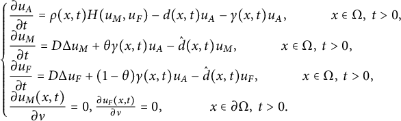 StartLayout 1st Row StartLayout Enlarged left brace 1st Row StartFraction partial differential u Subscript upper A Baseline Over partial differential t EndFraction equals rho left parenthesis x comma t right parenthesis upper H left parenthesis u Subscript upper M Baseline comma u Subscript upper F Baseline right parenthesis minus d left parenthesis x comma t right parenthesis u Subscript upper A Baseline minus gamma left parenthesis x comma t right parenthesis u Subscript upper A Baseline comma x element of normal upper Omega comma t greater than 0 comma 2nd Row StartFraction partial differential u Subscript upper M Baseline Over partial differential t EndFraction equals upper D normal upper Delta u Subscript upper M Baseline plus theta gamma left parenthesis x comma t right parenthesis u Subscript upper A Baseline minus ModifyingAbove d With caret left parenthesis x comma t right parenthesis u Subscript upper M Baseline comma x element of normal upper Omega comma t greater than 0 comma 3rd Row StartFraction partial differential u Subscript upper F Baseline Over partial differential t EndFraction equals upper D normal upper Delta u Subscript upper F Baseline plus left parenthesis 1 minus theta right parenthesis gamma left parenthesis x comma t right parenthesis u Subscript upper A Baseline minus ModifyingAbove d With caret left parenthesis x comma t right parenthesis u Subscript upper F Baseline comma x element of normal upper Omega comma t greater than 0 comma 4th Row StartFraction partial differential u Subscript upper M Baseline left parenthesis x comma t right parenthesis Over partial differential nu EndFraction equals 0 comma StartFraction partial differential u Subscript upper F Baseline left parenthesis x comma t right parenthesis Over partial differential nu EndFraction equals 0 comma x element of partial differential normal upper Omega comma t greater than 0 period EndLayout EndLayout