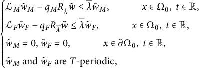 StartLayout Enlarged left brace 1st Row script upper L Subscript upper M Baseline w overtilde Subscript upper M Baseline minus q Subscript upper M Baseline upper R Subscript lamda overbar Baseline bold italic w overtilde less than or equals lamda overbar w overtilde Subscript upper M Baseline comma x element of normal upper Omega 0 comma t element of double struck upper R comma 2nd Row script upper L Subscript upper F Baseline w overtilde Subscript upper F Baseline minus q Subscript upper F Baseline upper R Subscript lamda overbar Baseline bold italic w overtilde less than or equals lamda overbar w overtilde Subscript upper F Baseline comma x element of normal upper Omega 0 comma t element of double struck upper R comma 3rd Row w overtilde Subscript upper M Baseline equals 0 comma w overtilde Subscript upper F Baseline equals 0 comma x element of partial differential normal upper Omega 0 comma t element of double struck upper R comma 4th Row w overtilde Subscript upper M Baseline and w overtilde Subscript upper F Baseline are upper T minus periodic comma EndLayout
