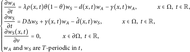 StartLayout 1st Row StartLayout Enlarged left brace 1st Row StartFraction partial differential w Subscript upper A Baseline Over partial differential t EndFraction equals lamda rho left parenthesis x comma t right parenthesis theta left parenthesis 1 minus theta right parenthesis w Subscript upper S Baseline minus d left parenthesis x comma t right parenthesis w Subscript upper A Baseline minus gamma left parenthesis x comma t right parenthesis w Subscript upper A Baseline comma x element of normal upper Omega comma t element of double struck upper R comma 2nd Row StartFraction partial differential w Subscript upper S Baseline Over partial differential t EndFraction equals upper D normal upper Delta w Subscript upper S Baseline plus gamma left parenthesis x comma t right parenthesis w Subscript upper A Baseline minus ModifyingAbove d With caret left parenthesis x comma t right parenthesis w Subscript upper S Baseline comma x element of normal upper Omega comma t element of double struck upper R comma 3rd Row StartFraction partial differential w Subscript upper S Baseline left parenthesis x comma t right parenthesis Over partial differential nu EndFraction equals 0 comma x element of partial differential normal upper Omega comma t element of double struck upper R comma 4th Row w Subscript upper A Baseline and w Subscript upper S Baseline are upper T minus periodic in t comma EndLayout EndLayout