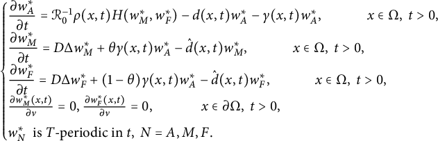 StartLayout 1st Row StartLayout Enlarged left brace 1st Row StartFraction partial differential w Subscript upper A Superscript asterisk Baseline Over partial differential t EndFraction equals script upper R 0 Superscript negative 1 Baseline rho left parenthesis x comma t right parenthesis upper H left parenthesis w Subscript upper M Superscript asterisk Baseline comma w Subscript upper F Superscript asterisk Baseline right parenthesis minus d left parenthesis x comma t right parenthesis w Subscript upper A Superscript asterisk Baseline minus gamma left parenthesis x comma t right parenthesis w Subscript upper A Superscript asterisk Baseline comma x element of normal upper Omega comma t greater than 0 comma 2nd Row StartFraction partial differential w Subscript upper M Superscript asterisk Baseline Over partial differential t EndFraction equals upper D normal upper Delta w Subscript upper M Superscript asterisk Baseline plus theta gamma left parenthesis x comma t right parenthesis w Subscript upper A Superscript asterisk Baseline minus ModifyingAbove d With caret left parenthesis x comma t right parenthesis w Subscript upper M Superscript asterisk Baseline comma x element of normal upper Omega comma t greater than 0 comma 3rd Row StartFraction partial differential w Subscript upper F Superscript asterisk Baseline Over partial differential t EndFraction equals upper D normal upper Delta w Subscript upper F Superscript asterisk Baseline plus left parenthesis 1 minus theta right parenthesis gamma left parenthesis x comma t right parenthesis w Subscript upper A Superscript asterisk Baseline minus ModifyingAbove d With caret left parenthesis x comma t right parenthesis w Subscript upper F Superscript asterisk Baseline comma x element of normal upper Omega comma t greater than 0 comma 4th Row StartFraction partial differential w Subscript upper M Superscript asterisk Baseline left parenthesis x comma t right parenthesis Over partial differential nu EndFraction equals 0 comma StartFraction partial differential w Subscript upper F Superscript asterisk Baseline left parenthesis x comma t right parenthesis Over partial differential nu EndFraction equals 0 comma x element of partial differential normal upper Omega comma t greater than 0 comma 5th Row w Subscript upper N Superscript asterisk Baseline is upper T minus periodic in t comma upper N equals upper A comma upper M comma upper F period EndLayout EndLayout