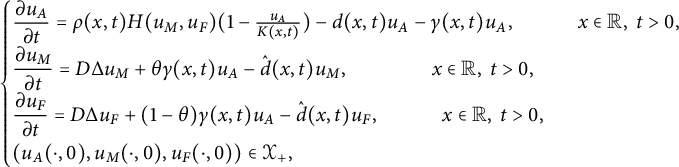 StartLayout 1st Row StartLayout Enlarged left brace 1st Row StartFraction partial differential u Subscript upper A Baseline Over partial differential t EndFraction equals rho left parenthesis x comma t right parenthesis upper H left parenthesis u Subscript upper M Baseline comma u Subscript upper F Baseline right parenthesis left parenthesis 1 minus StartFraction u Subscript upper A Baseline Over upper K left parenthesis x comma t right parenthesis EndFraction right parenthesis minus d left parenthesis x comma t right parenthesis u Subscript upper A Baseline minus gamma left parenthesis x comma t right parenthesis u Subscript upper A Baseline comma x element of double struck upper R comma t greater than 0 comma 2nd Row StartFraction partial differential u Subscript upper M Baseline Over partial differential t EndFraction equals upper D normal upper Delta u Subscript upper M Baseline plus theta gamma left parenthesis x comma t right parenthesis u Subscript upper A Baseline minus ModifyingAbove d With caret left parenthesis x comma t right parenthesis u Subscript upper M Baseline comma x element of double struck upper R comma t greater than 0 comma 3rd Row StartFraction partial differential u Subscript upper F Baseline Over partial differential t EndFraction equals upper D normal upper Delta u Subscript upper F Baseline plus left parenthesis 1 minus theta right parenthesis gamma left parenthesis x comma t right parenthesis u Subscript upper A Baseline minus ModifyingAbove d With caret left parenthesis x comma t right parenthesis u Subscript upper F Baseline comma x element of double struck upper R comma t greater than 0 comma 4th Row left parenthesis u Subscript upper A Baseline left parenthesis dot comma 0 right parenthesis comma u Subscript upper M Baseline left parenthesis dot comma 0 right parenthesis comma u Subscript upper F Baseline left parenthesis dot comma 0 right parenthesis right parenthesis element of script upper X Subscript plus Baseline comma EndLayout EndLayout