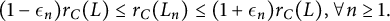 StartLayout 1st Row left parenthesis 1 minus epsilon Subscript n Baseline right parenthesis r Subscript upper C Baseline left parenthesis upper L right parenthesis less than or equals r Subscript upper C Baseline left parenthesis upper L Subscript n Baseline right parenthesis less than or equals left parenthesis 1 plus epsilon Subscript n Baseline right parenthesis r Subscript upper C Baseline left parenthesis upper L right parenthesis comma for all n greater than or equals 1 period EndLayout