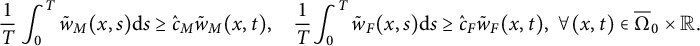 StartLayout 1st Row StartFraction 1 Over upper T EndFraction integral Subscript 0 Superscript upper T Baseline ModifyingAbove w With tilde Subscript upper M Baseline left parenthesis x comma s right parenthesis normal d s greater than or equals ModifyingAbove c With caret Subscript upper M Baseline ModifyingAbove w With tilde Subscript upper M Baseline left parenthesis x comma t right parenthesis comma StartFraction 1 Over upper T EndFraction integral Subscript 0 Superscript upper T Baseline ModifyingAbove w With tilde Subscript upper F Baseline left parenthesis x comma s right parenthesis normal d s greater than or equals ModifyingAbove c With caret Subscript upper F Baseline ModifyingAbove w With tilde Subscript upper F Baseline left parenthesis x comma t right parenthesis comma for all left parenthesis x comma t right parenthesis element of normal upper Omega overbar Subscript 0 Baseline times double struck upper R period EndLayout