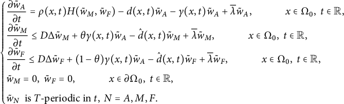 StartLayout 1st Row StartLayout Enlarged left brace 1st Row StartFraction partial differential w overtilde Subscript upper A Baseline Over partial differential t EndFraction equals rho left parenthesis x comma t right parenthesis upper H left parenthesis w overtilde Subscript upper M Baseline comma w overtilde Subscript upper F Baseline right parenthesis minus d left parenthesis x comma t right parenthesis w overtilde Subscript upper A Baseline minus gamma left parenthesis x comma t right parenthesis w overtilde Subscript upper A Baseline plus lamda overbar w overtilde Subscript upper A Baseline comma x element of normal upper Omega 0 comma t element of double struck upper R comma 2nd Row StartFraction partial differential w overtilde Subscript upper M Baseline Over partial differential t EndFraction less than or equals upper D normal upper Delta w overtilde Subscript upper M Baseline plus theta gamma left parenthesis x comma t right parenthesis w overtilde Subscript upper A Baseline minus ModifyingAbove d With caret left parenthesis x comma t right parenthesis w overtilde Subscript upper M Baseline plus lamda overbar w overtilde Subscript upper M Baseline comma x element of normal upper Omega 0 comma t element of double struck upper R comma 3rd Row StartFraction partial differential w overtilde Subscript upper F Baseline Over partial differential t EndFraction less than or equals upper D normal upper Delta w overtilde Subscript upper F Baseline plus left parenthesis 1 minus theta right parenthesis gamma left parenthesis x comma t right parenthesis w overtilde Subscript upper A Baseline minus ModifyingAbove d With caret left parenthesis x comma t right parenthesis w overtilde Subscript upper F Baseline plus lamda overbar w overtilde Subscript upper F Baseline comma x element of normal upper Omega 0 comma t element of double struck upper R comma 4th Row w overtilde Subscript upper M Baseline equals 0 comma w overtilde Subscript upper F Baseline equals 0 comma x element of partial differential normal upper Omega 0 comma t element of double struck upper R comma 5th Row w overtilde Subscript upper N Baseline is upper T minus periodic in t comma upper N equals upper A comma upper M comma upper F period EndLayout EndLayout