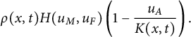 rho left parenthesis x comma t right parenthesis upper H left parenthesis u Subscript upper M Baseline comma u Subscript upper F Baseline right parenthesis left parenthesis 1 minus StartFraction u Subscript upper A Baseline Over upper K left parenthesis x comma t right parenthesis EndFraction right parenthesis period
