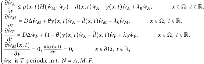 StartLayout 1st Row StartLayout Enlarged left brace 1st Row StartFraction partial differential ModifyingAbove w With caret Subscript upper A Baseline Over partial differential t EndFraction less than or equals rho left parenthesis x comma t right parenthesis upper H left parenthesis ModifyingAbove w With caret Subscript upper M Baseline comma ModifyingAbove w With caret Subscript upper F Baseline right parenthesis minus d left parenthesis x comma t right parenthesis ModifyingAbove w With caret Subscript upper A Baseline minus gamma left parenthesis x comma t right parenthesis ModifyingAbove w With caret Subscript upper A Baseline plus lamda 0 ModifyingAbove w With caret Subscript upper A Baseline comma x element of normal upper Omega comma t element of double struck upper R comma 2nd Row StartFraction partial differential ModifyingAbove w With caret Subscript upper M Baseline Over partial differential t EndFraction equals upper D normal upper Delta ModifyingAbove w With caret Subscript upper M Baseline plus theta gamma left parenthesis x comma t right parenthesis ModifyingAbove w With caret Subscript upper A Baseline minus ModifyingAbove d With caret left parenthesis x comma t right parenthesis ModifyingAbove w With caret Subscript upper M Baseline plus lamda 0 ModifyingAbove w With caret Subscript upper M Baseline comma x element of normal upper Omega comma t element of double struck upper R comma 3rd Row StartFraction partial differential ModifyingAbove w With caret Subscript upper F Baseline Over partial differential t EndFraction equals upper D normal upper Delta ModifyingAbove w With caret Subscript upper F Baseline plus left parenthesis 1 minus theta right parenthesis gamma left parenthesis x comma t right parenthesis ModifyingAbove w With caret Subscript upper A Baseline minus ModifyingAbove d With caret left parenthesis x comma t right parenthesis ModifyingAbove w With caret Subscript upper F Baseline plus lamda 0 ModifyingAbove w With caret Subscript upper F Baseline comma x element of normal upper Omega comma t element of double struck upper R comma 4th Row StartFraction partial differential ModifyingAbove w With caret Subscript upper M Baseline left parenthesis x comma t right parenthesis Over partial differential nu EndFraction equals 0 comma StartFraction partial differential ModifyingAbove w With caret Subscript upper F Baseline left parenthesis x comma t right parenthesis Over partial differential nu EndFraction equals 0 comma x element of partial differential normal upper Omega comma t element of double struck upper R comma 5th Row ModifyingAbove w With caret Subscript upper N Baseline is upper T minus periodic in t comma upper N equals upper A comma upper M comma upper F period EndLayout EndLayout