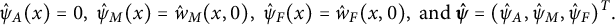 StartLayout 1st Row ModifyingAbove psi With caret Subscript upper A Baseline left parenthesis x right parenthesis equals 0 comma ModifyingAbove psi With caret Subscript upper M Baseline left parenthesis x right parenthesis equals ModifyingAbove w With caret Subscript upper M Baseline left parenthesis x comma 0 right parenthesis comma ModifyingAbove psi With caret Subscript upper F Baseline left parenthesis x right parenthesis equals ModifyingAbove w With caret Subscript upper F Baseline left parenthesis x comma 0 right parenthesis comma and ModifyingAbove bold italic psi With bold caret equals left parenthesis ModifyingAbove psi With caret Subscript upper A Baseline comma ModifyingAbove psi With caret Subscript upper M Baseline comma ModifyingAbove psi With caret Subscript upper F Baseline right parenthesis Superscript upper T Baseline period EndLayout