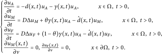 StartLayout 1st Row StartLayout Enlarged left brace 1st Row StartFraction partial differential u Subscript upper A Baseline Over partial differential t EndFraction equals minus d left parenthesis x comma t right parenthesis u Subscript upper A Baseline minus gamma left parenthesis x comma t right parenthesis u Subscript upper A Baseline comma x element of normal upper Omega comma t greater than 0 comma 2nd Row StartFraction partial differential u Subscript upper M Baseline Over partial differential t EndFraction equals upper D normal upper Delta u Subscript upper M Baseline plus theta gamma left parenthesis x comma t right parenthesis u Subscript upper A Baseline minus ModifyingAbove d With caret left parenthesis x comma t right parenthesis u Subscript upper M Baseline comma x element of normal upper Omega comma t greater than 0 comma 3rd Row StartFraction partial differential u Subscript upper F Baseline Over partial differential t EndFraction equals upper D normal upper Delta u Subscript upper F Baseline plus left parenthesis 1 minus theta right parenthesis gamma left parenthesis x comma t right parenthesis u Subscript upper A Baseline minus ModifyingAbove d With caret left parenthesis x comma t right parenthesis u Subscript upper F Baseline comma x element of normal upper Omega comma t greater than 0 comma 4th Row StartFraction partial differential u Subscript upper M Baseline left parenthesis x comma t right parenthesis Over partial differential nu EndFraction equals 0 comma StartFraction partial differential u Subscript upper F Baseline left parenthesis x comma t right parenthesis Over partial differential nu EndFraction equals 0 comma x element of partial differential normal upper Omega comma t greater than 0 period EndLayout EndLayout