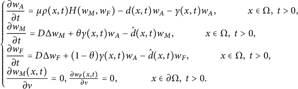 StartLayout 1st Row StartLayout Enlarged left brace 1st Row StartFraction partial differential w Subscript upper A Baseline Over partial differential t EndFraction equals mu rho left parenthesis x comma t right parenthesis upper H left parenthesis w Subscript upper M Baseline comma w Subscript upper F Baseline right parenthesis minus d left parenthesis x comma t right parenthesis w Subscript upper A Baseline minus gamma left parenthesis x comma t right parenthesis w Subscript upper A Baseline comma x element of normal upper Omega comma t greater than 0 comma 2nd Row StartFraction partial differential w Subscript upper M Baseline Over partial differential t EndFraction equals upper D normal upper Delta w Subscript upper M Baseline plus theta gamma left parenthesis x comma t right parenthesis w Subscript upper A Baseline minus ModifyingAbove d With caret left parenthesis x comma t right parenthesis w Subscript upper M Baseline comma x element of normal upper Omega comma t greater than 0 comma 3rd Row StartFraction partial differential w Subscript upper F Baseline Over partial differential t EndFraction equals upper D normal upper Delta w Subscript upper F Baseline plus left parenthesis 1 minus theta right parenthesis gamma left parenthesis x comma t right parenthesis w Subscript upper A Baseline minus ModifyingAbove d With caret left parenthesis x comma t right parenthesis w Subscript upper F Baseline comma x element of normal upper Omega comma t greater than 0 comma 4th Row StartFraction partial differential w Subscript upper M Baseline left parenthesis x comma t right parenthesis Over partial differential nu EndFraction equals 0 comma StartFraction partial differential w Subscript upper F Baseline left parenthesis x comma t right parenthesis Over partial differential nu EndFraction equals 0 comma x element of partial differential normal upper Omega comma t greater than 0 period EndLayout EndLayout