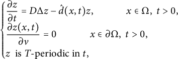 StartLayout 1st Row StartLayout Enlarged left brace 1st Row StartFraction partial differential z Over partial differential t EndFraction equals upper D normal upper Delta z minus ModifyingAbove d With caret left parenthesis x comma t right parenthesis z comma x element of normal upper Omega comma t greater than 0 comma 2nd Row StartFraction partial differential z left parenthesis x comma t right parenthesis Over partial differential nu EndFraction equals 0 x element of partial differential normal upper Omega comma t greater than 0 comma 3rd Row z is upper T minus periodic in t comma EndLayout EndLayout