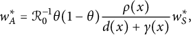 w Subscript upper A Superscript asterisk Baseline equals script upper R 0 Superscript negative 1 Baseline theta left parenthesis 1 minus theta right parenthesis StartFraction rho left parenthesis x right parenthesis Over d left parenthesis x right parenthesis plus gamma left parenthesis x right parenthesis EndFraction w Subscript upper S Superscript asterisk Baseline comma